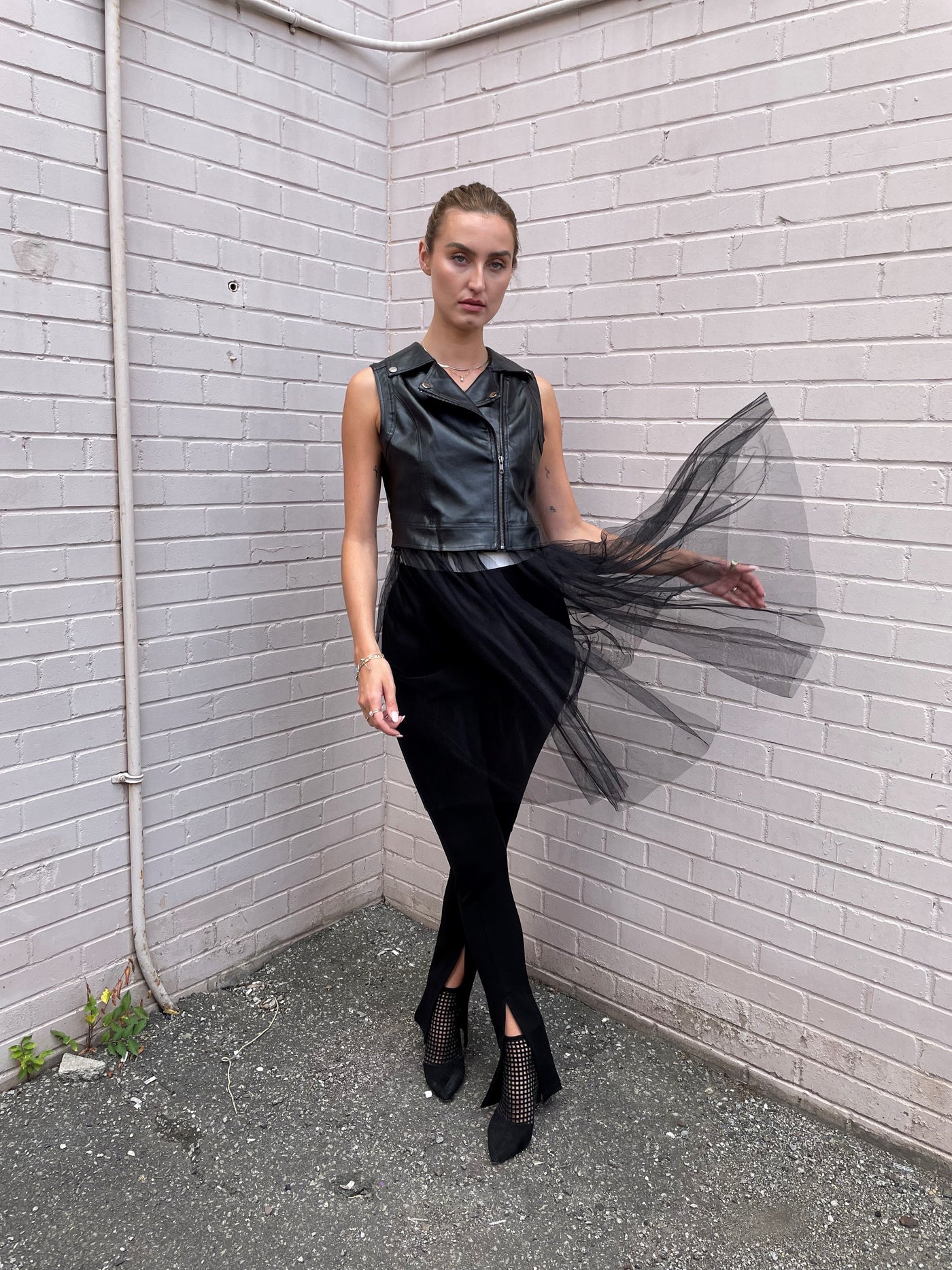 The Pink Door Faux Leather Vest w/ Tulle Trim