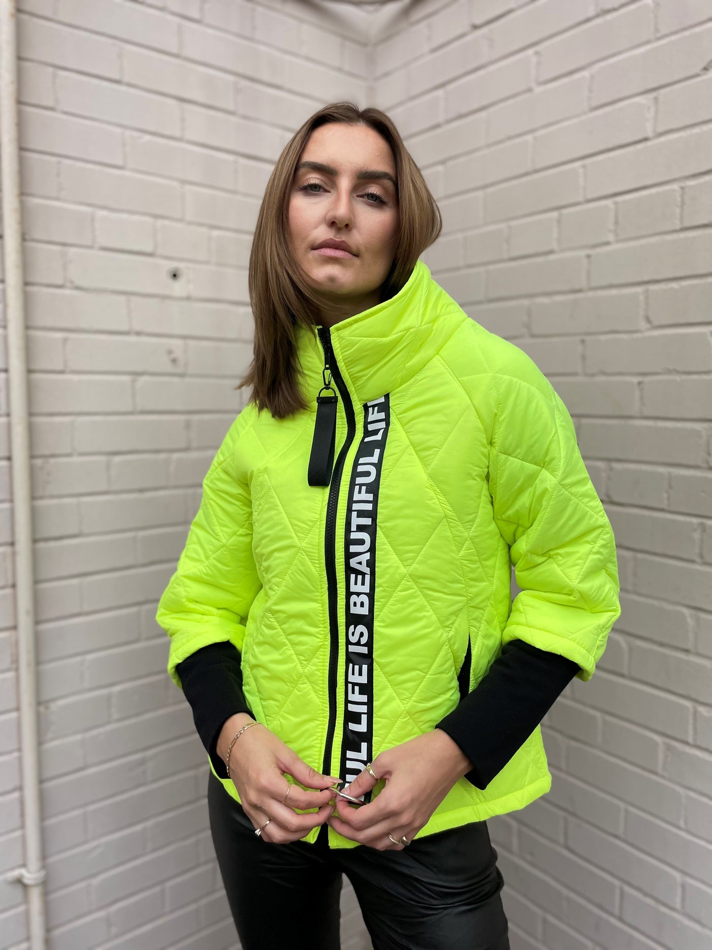 The Pink Door Puffer Jacket w/ Letter Detail - Yellow