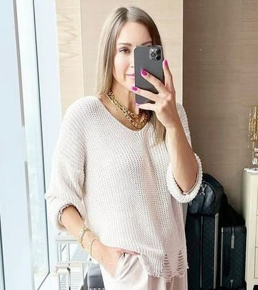 MINI V-neck Knitted LS Top - Beige
