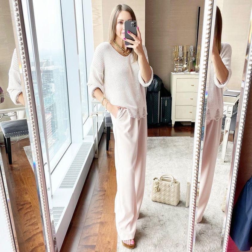 MINI V-neck Knitted LS Top - Beige