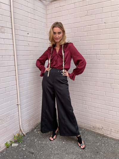 The Pink Door Ruffle w/ Gold Tie Blouse - Wine