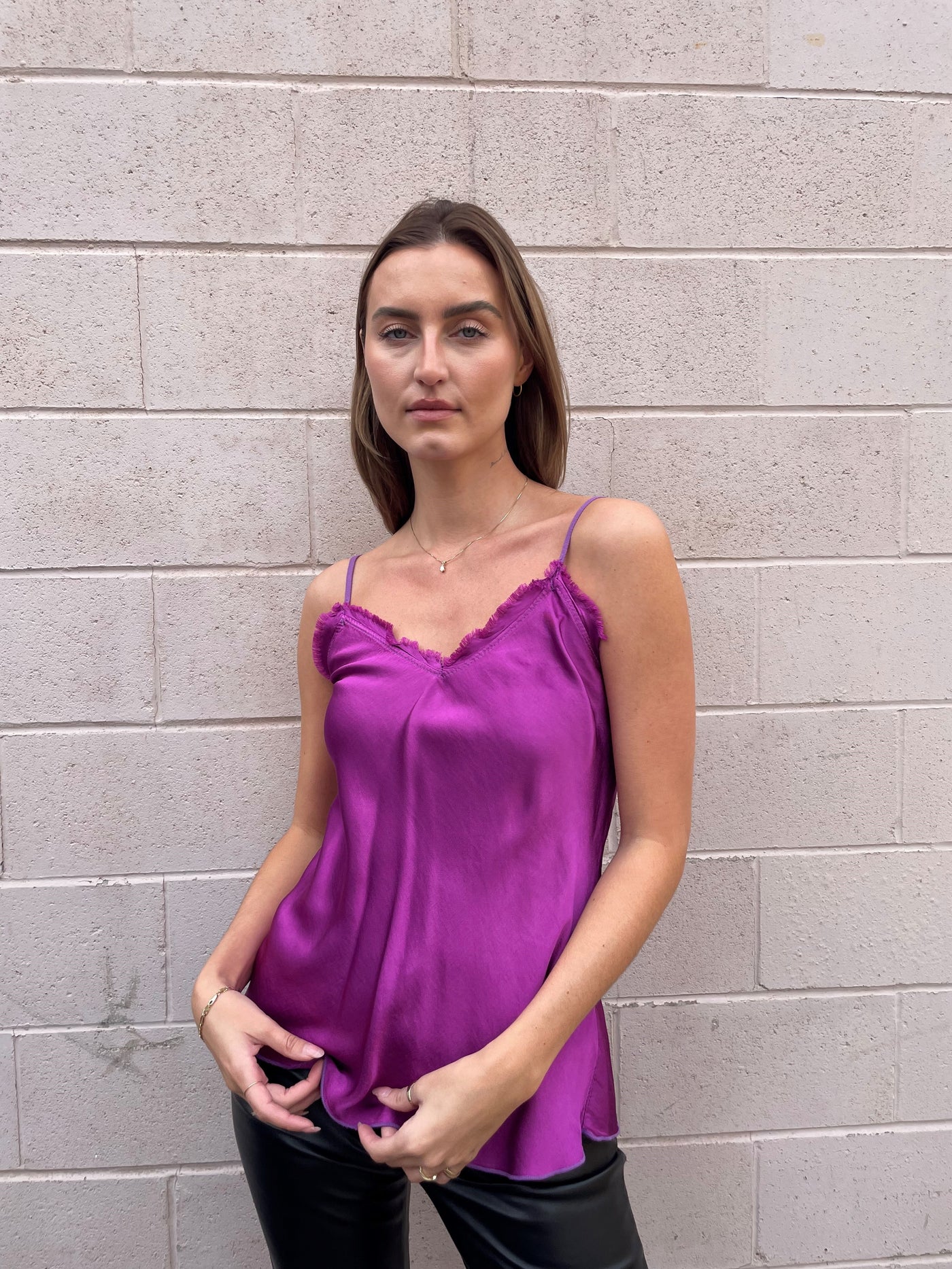 The Pink Door Fray Silky Cami - Purple