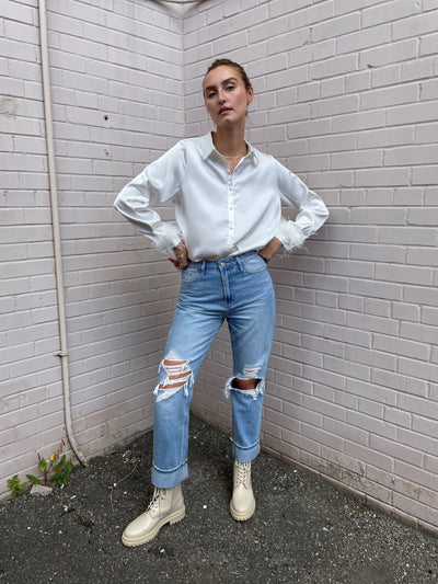The Pink Door Ivory Button Up Top w/ Feather Sleeve Detail