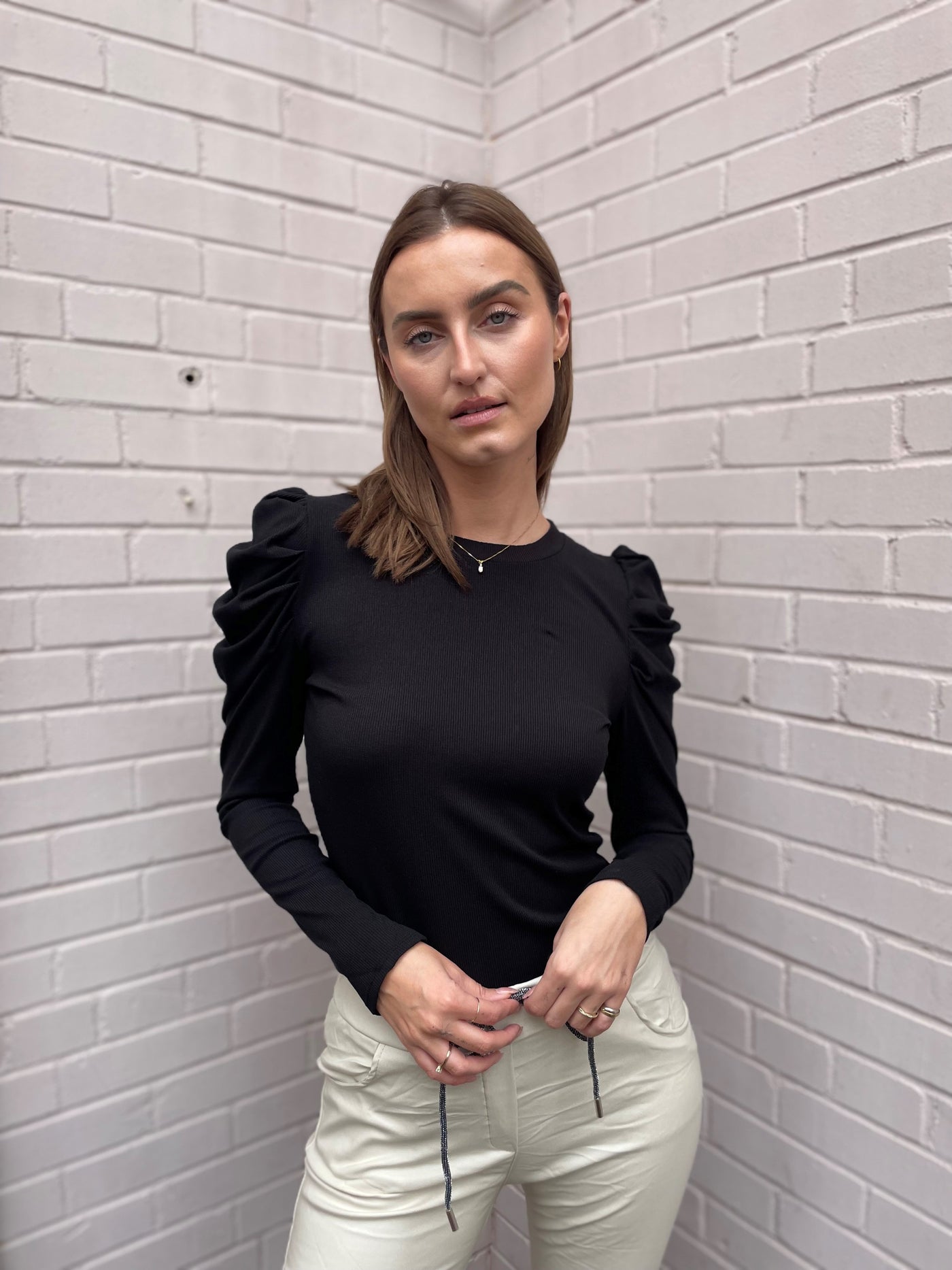 The Pink Door Black Puff Sleeve Ribbed L/S Top