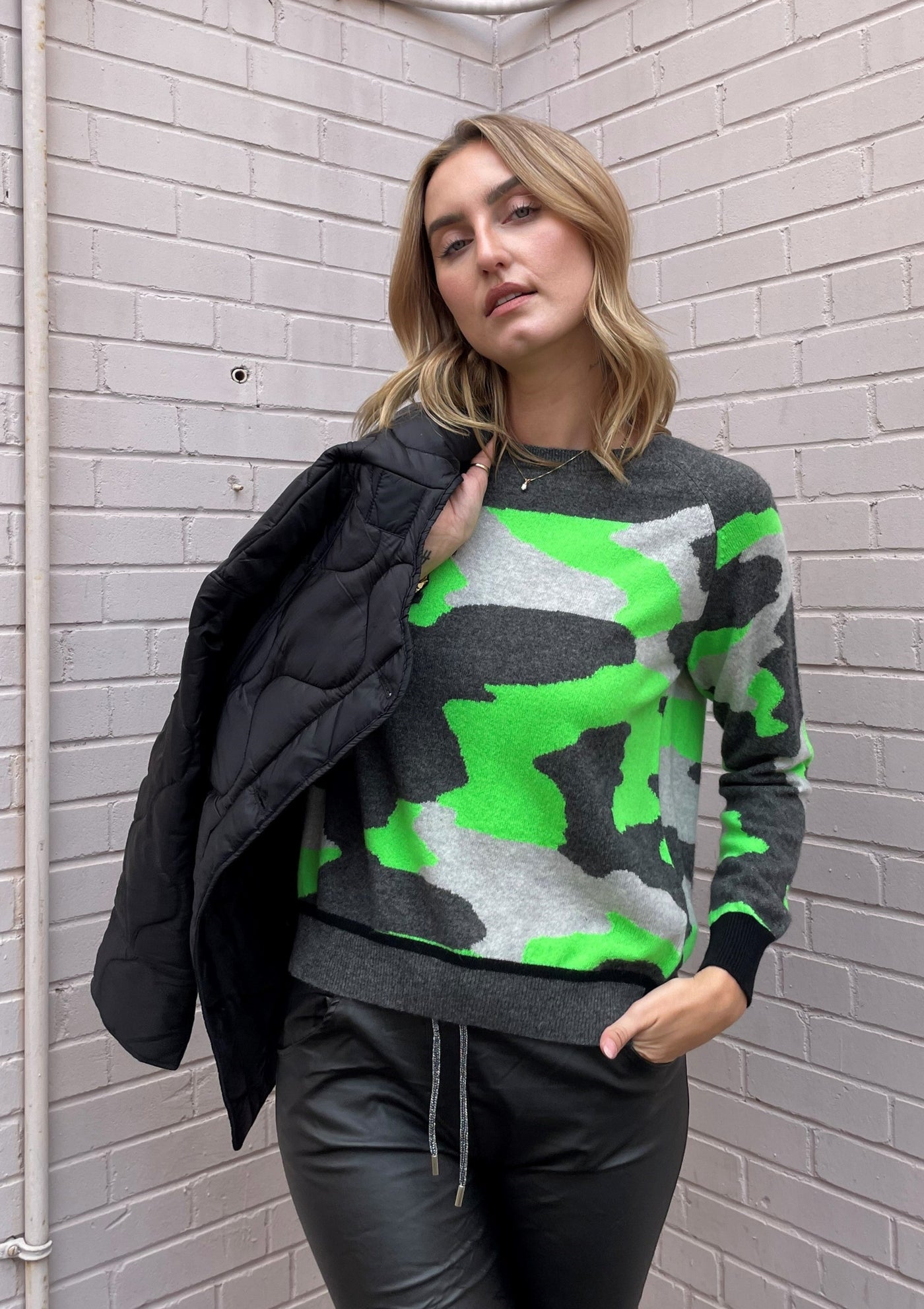 Brodie Cora Camo Sweater - Grey/Neon