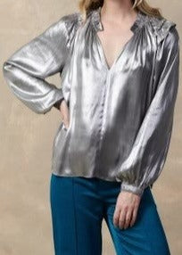 The Pink Door Silver Ruffle Blouse