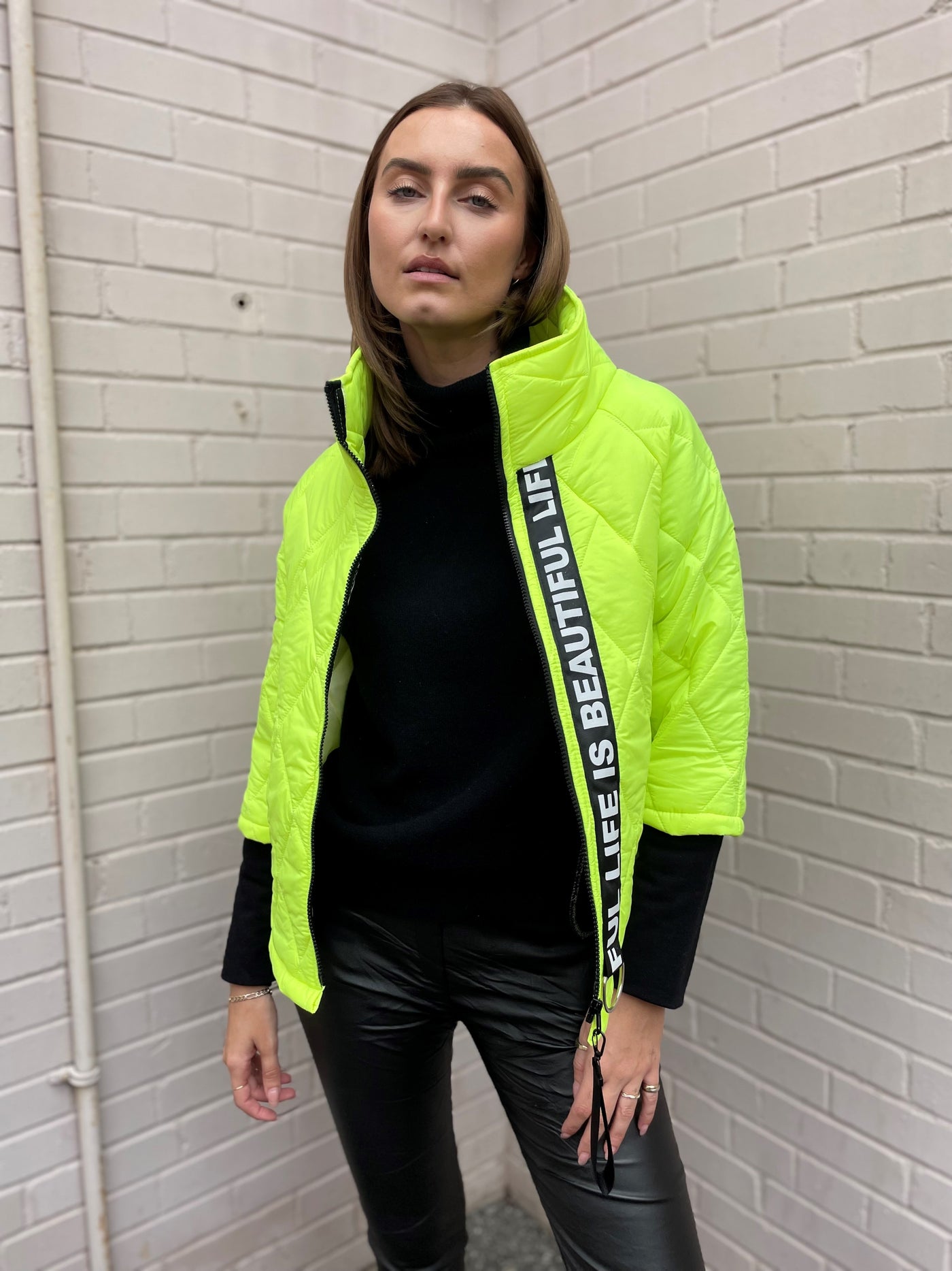 The Pink Door Puffer Jacket w/ Letter Detail - Yellow
