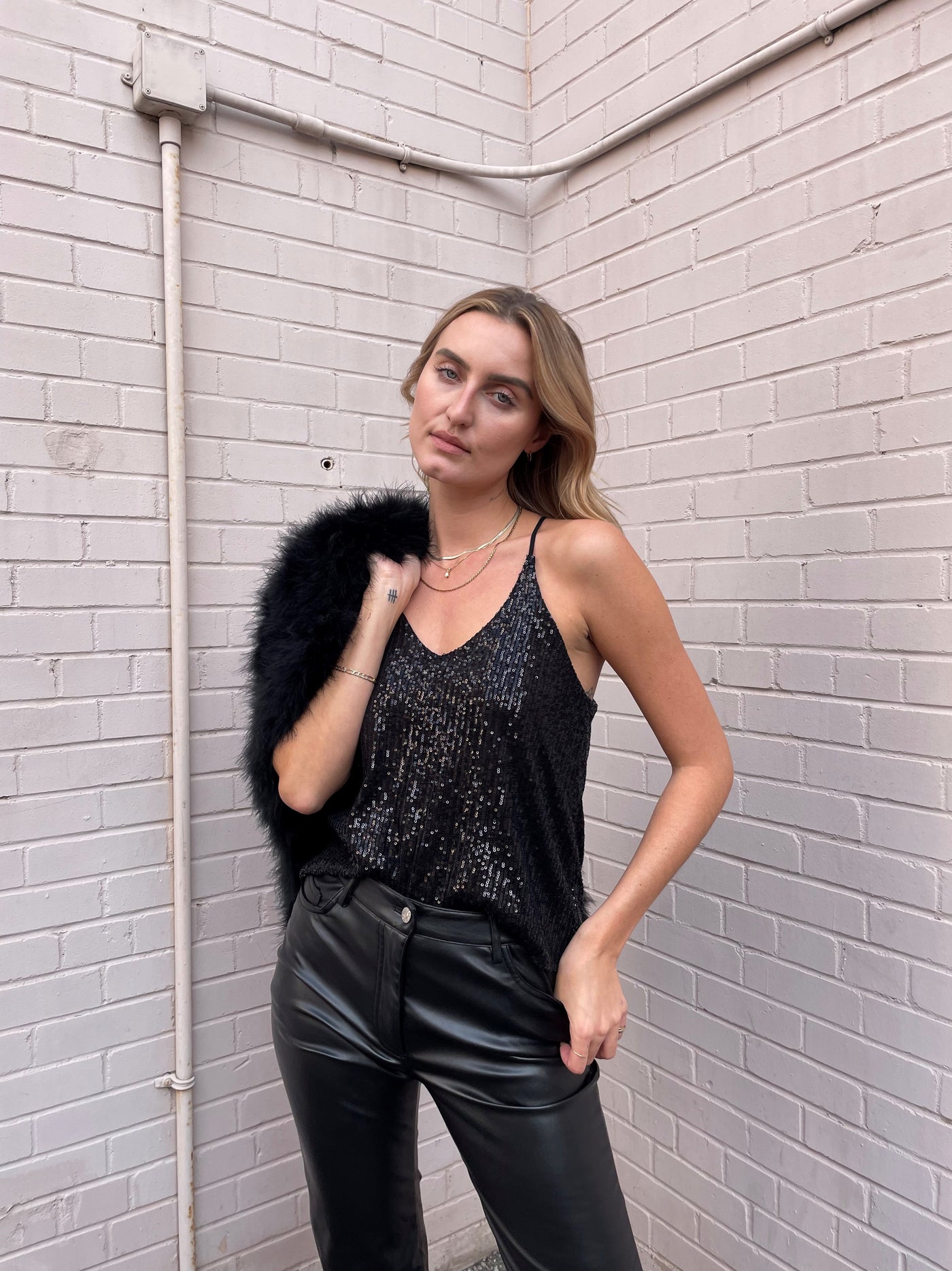 The Pink Door Sequin Tank - Black
