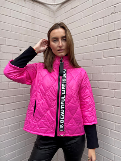 The Pink Door Puffer Jacket w/ Letter Detail - Pink