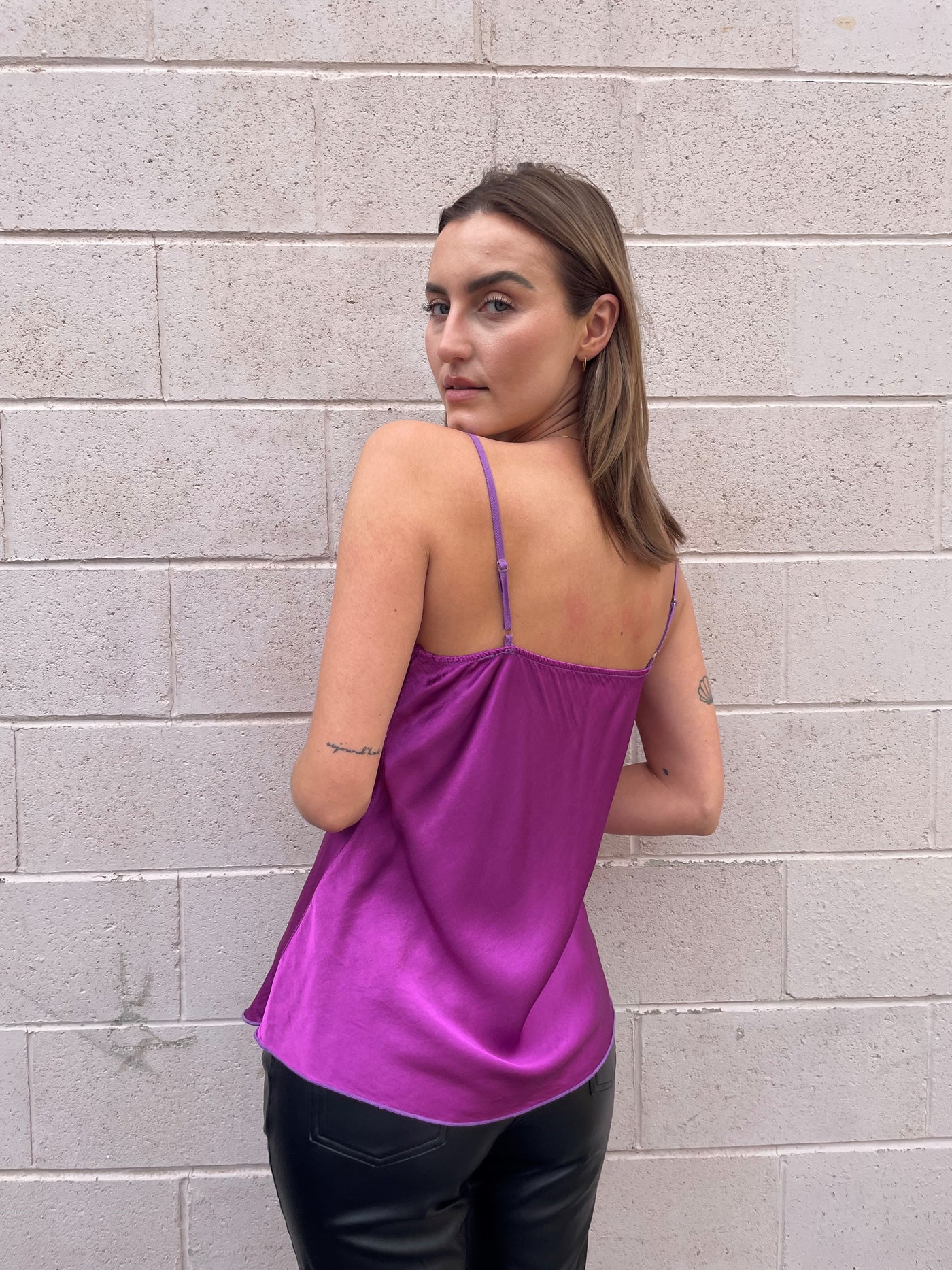 The Pink Door Fray Silky Cami - Purple