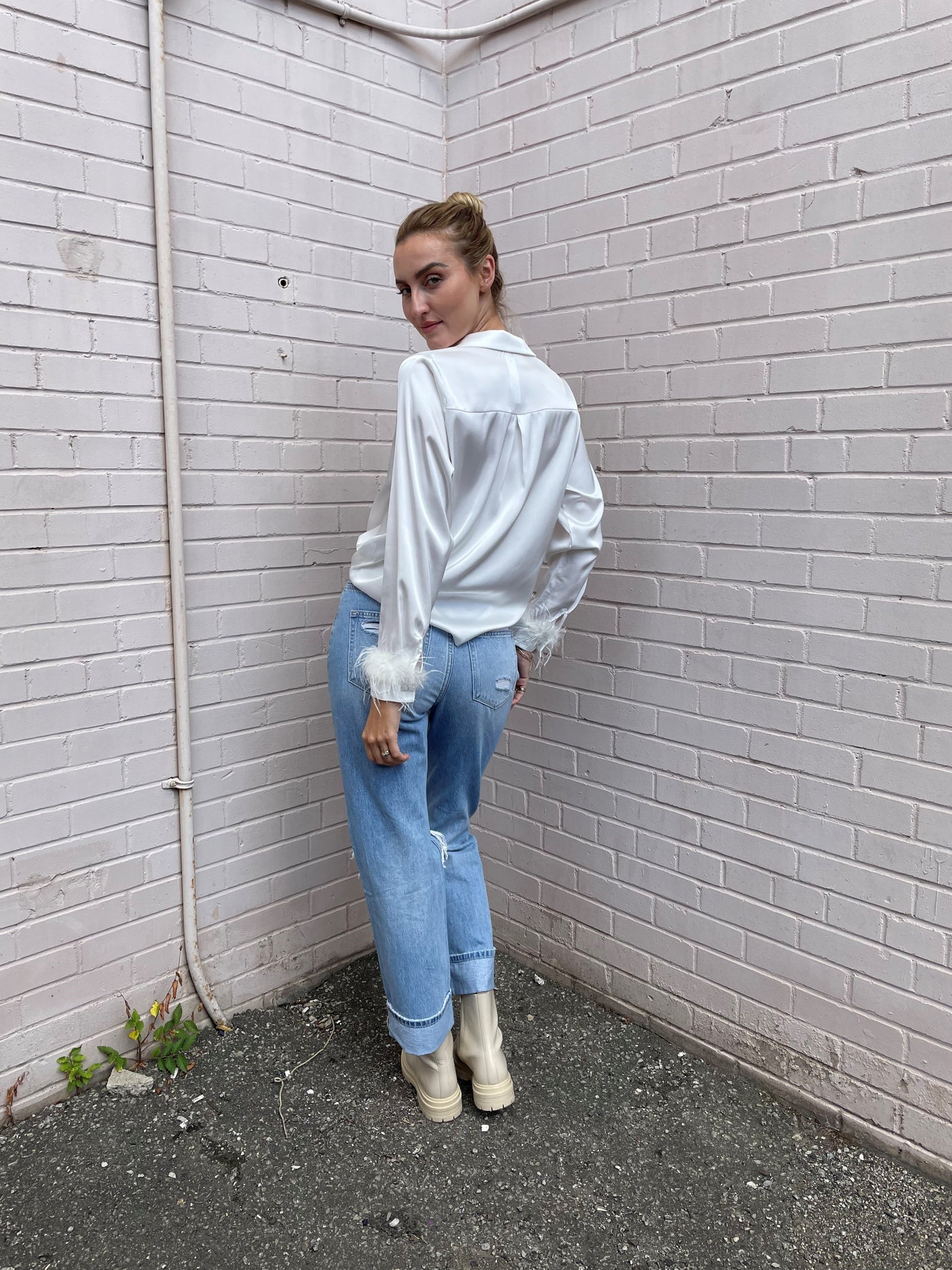 The Pink Door Ivory Button Up Top w/ Feather Sleeve Detail