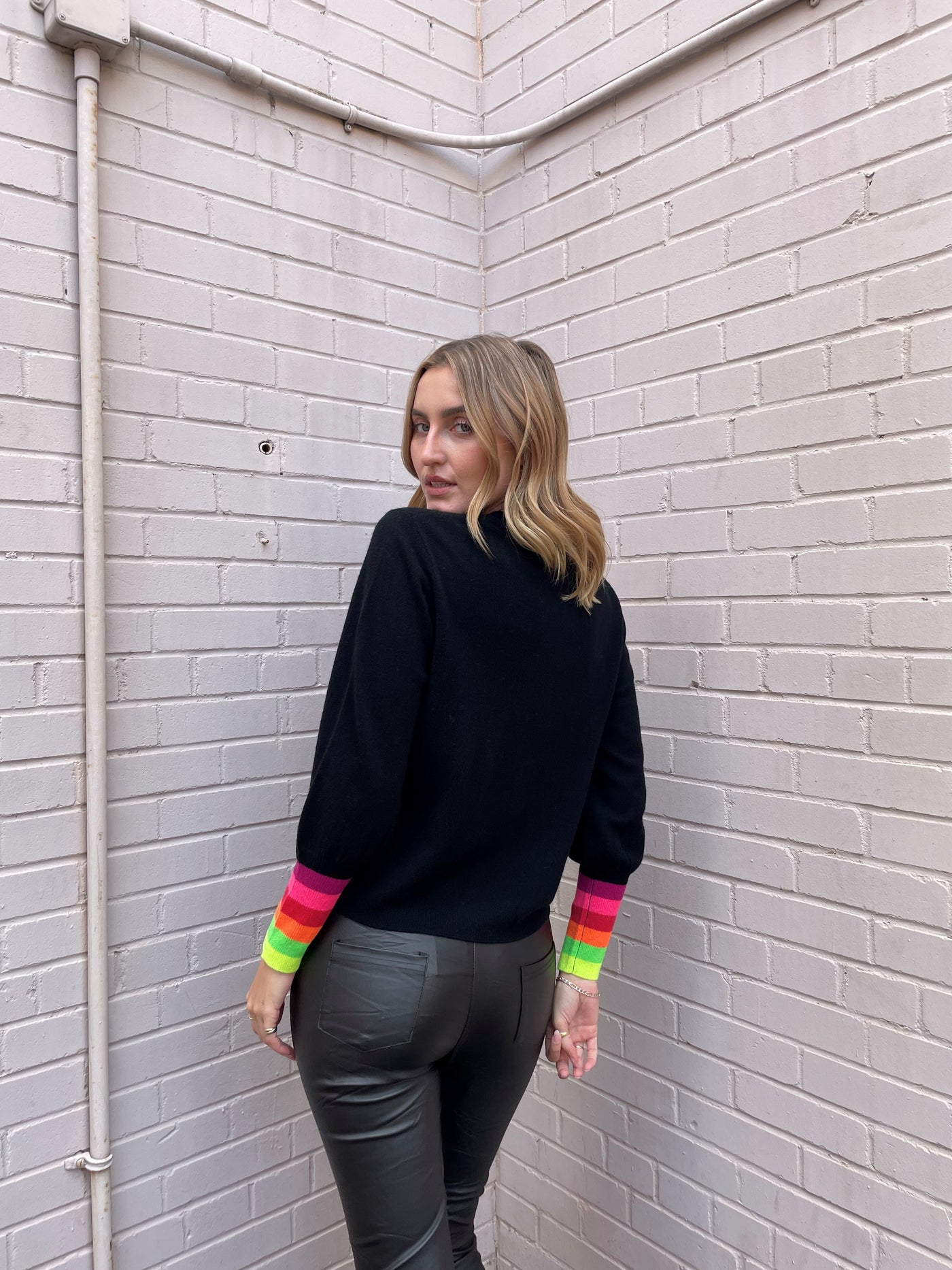 Brodie Rainbow Cuff Ballon Sleeve Sweater - Black/Neon Yellow