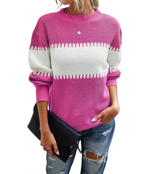 The Pink Door Two Tone Mock Neck Knit Sweater - Hot Pink/White