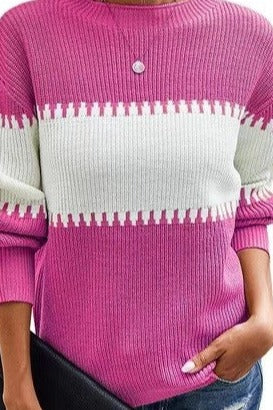 The Pink Door Two Tone Mock Neck Knit Sweater - Hot Pink/White