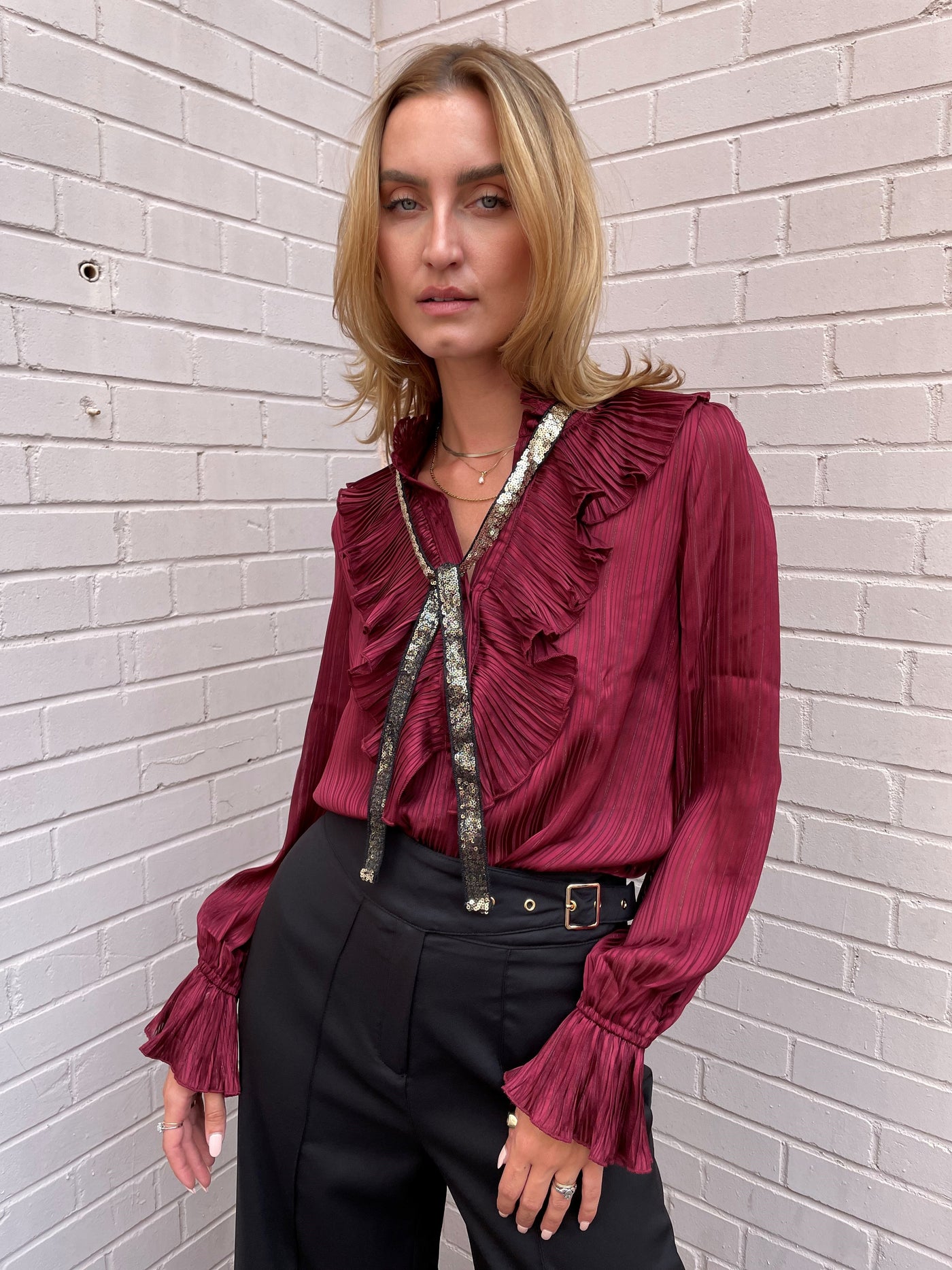The Pink Door Ruffle w/ Gold Tie Blouse - Wine