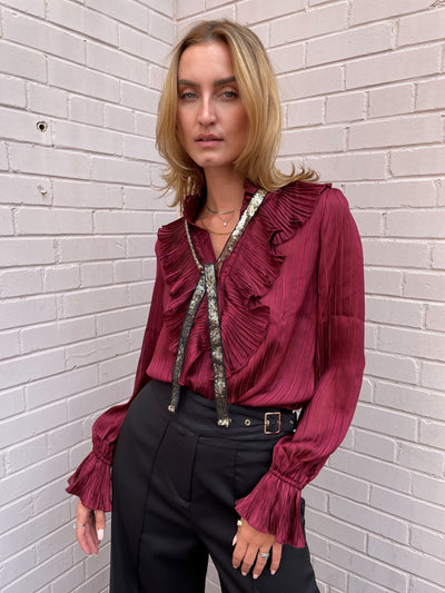 The Pink Door Ruffle w/ Gold Tie Blouse - Wine