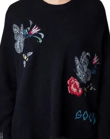 Zadig & Voltaire Navy Cashmere Sweater w/ Floral Accents