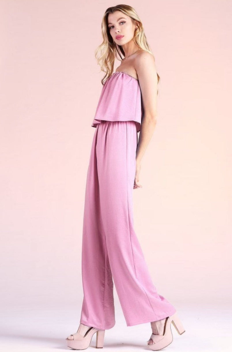 The Pink Door Strapless Silky Jumpsuit - Pink