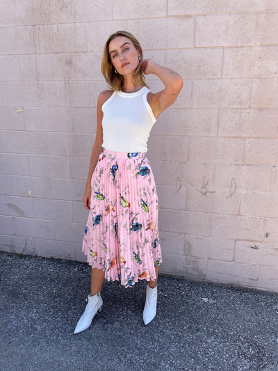 The Pink Door Pink Bird Print Pleated Skirt