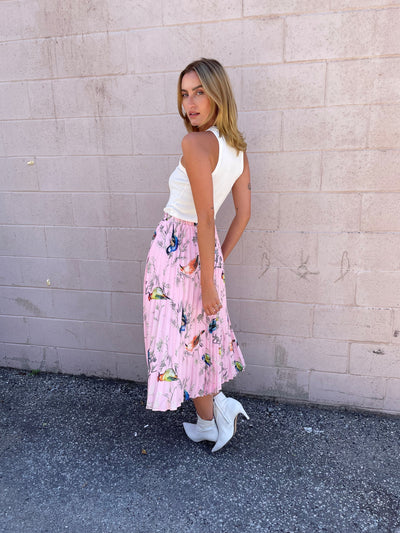 The Pink Door Pink Bird Print Pleated Skirt