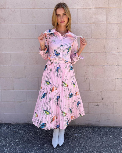 The Pink Door Pink Bird Print Pleated Skirt