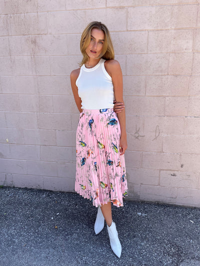 The Pink Door Pink Bird Print Pleated Skirt