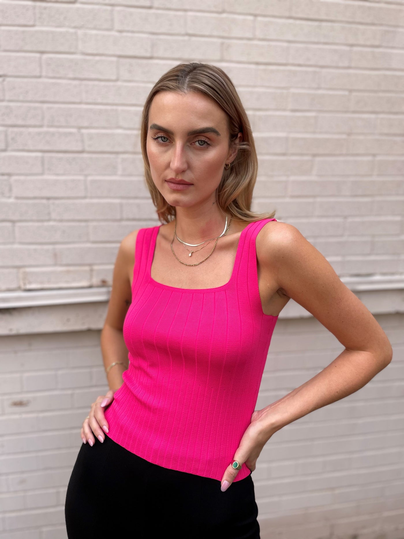 The Pink Door Square Cut Knit Tank Top - Fuchsia