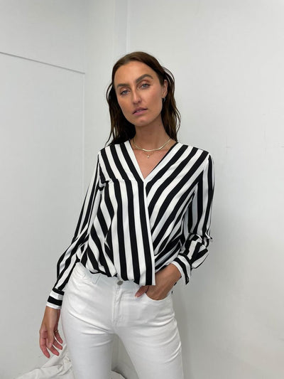 VENTI Striped Long Sleeve Blouse - Black
