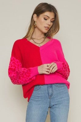 The Pink Door Sweater w/ Leopard Sleeves - Red/Pink