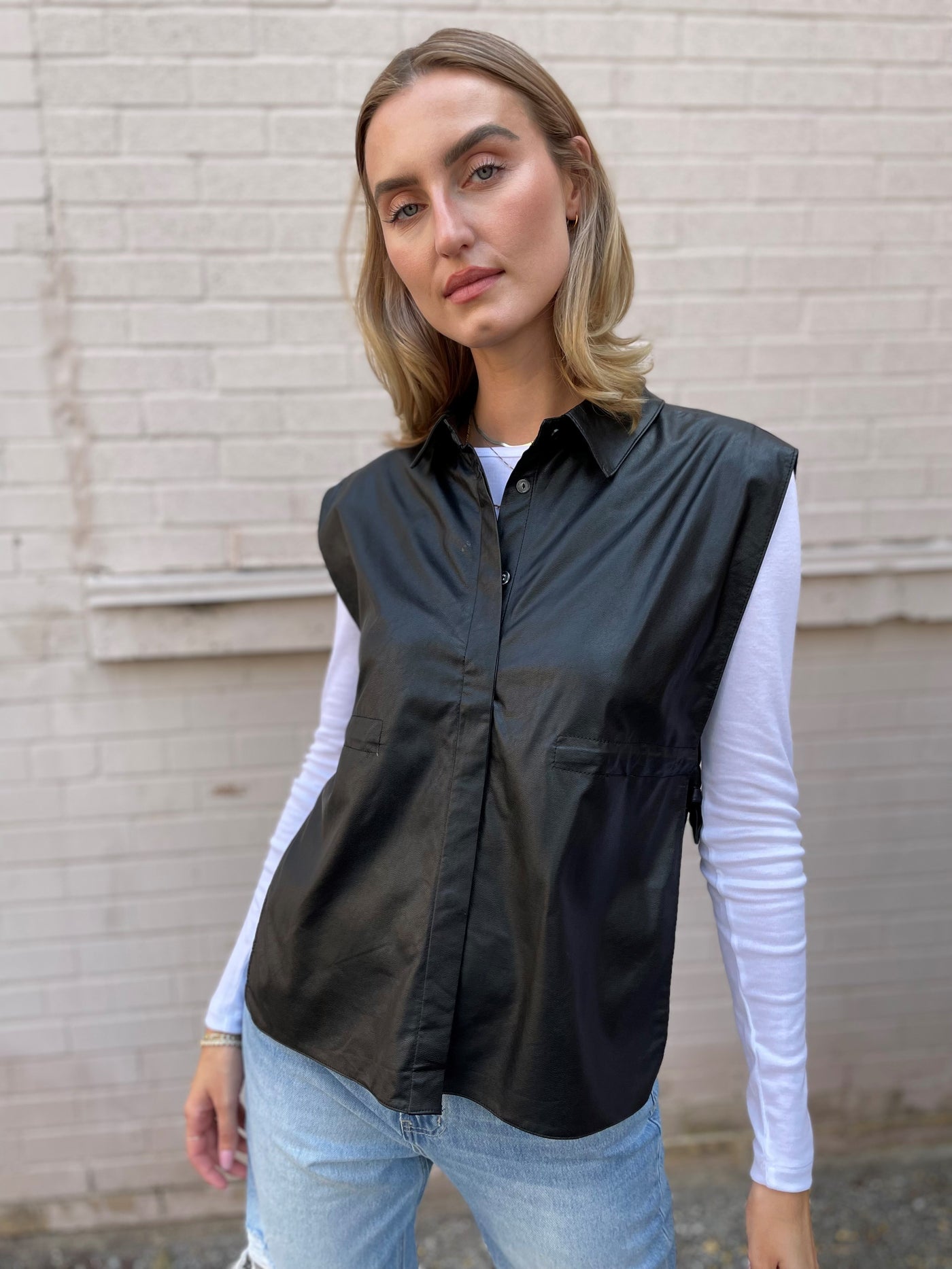 The Pink Door Faux Leather Shirt Vest