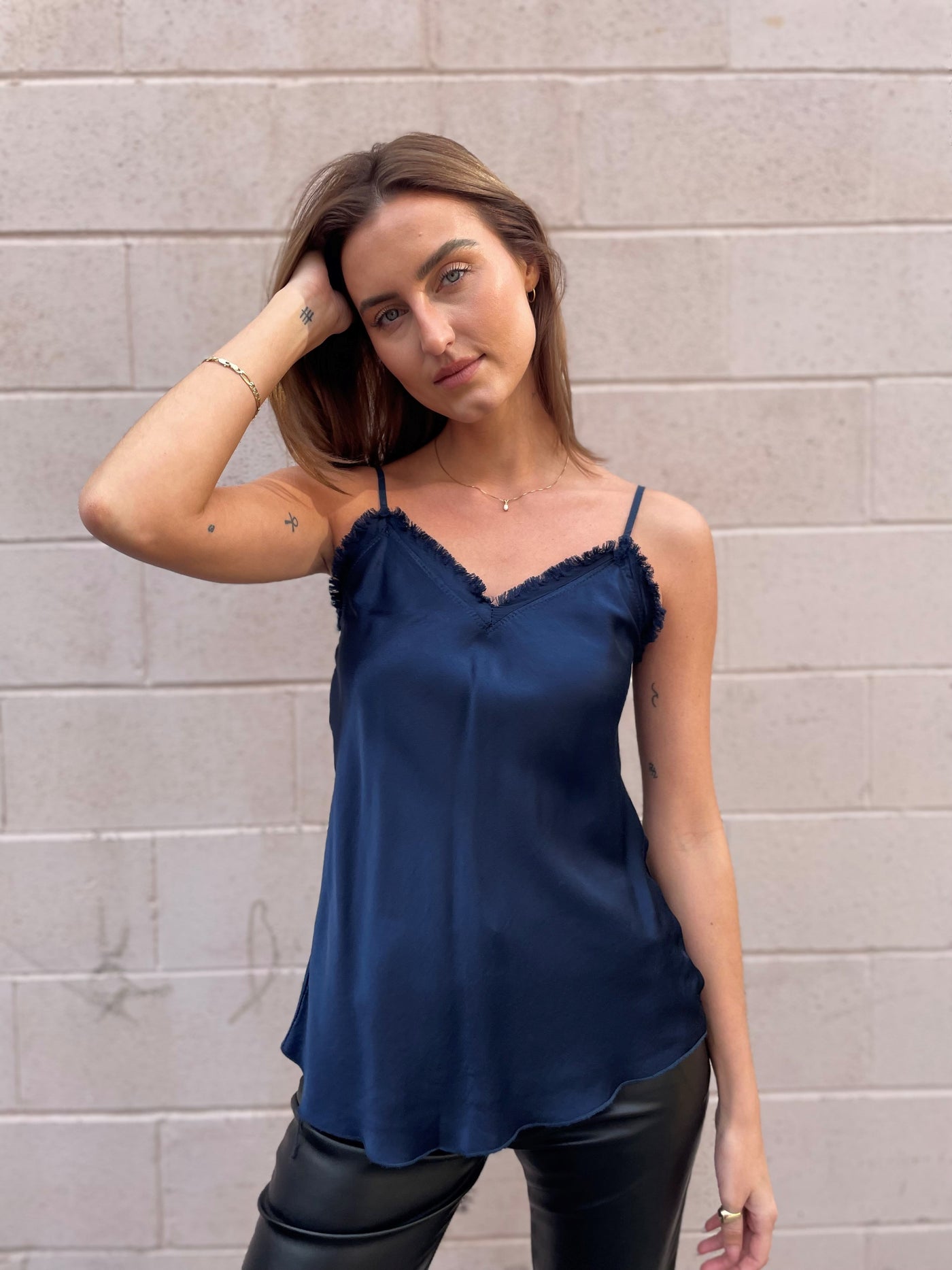 The Pink Door Fray Silky Cami - Navy