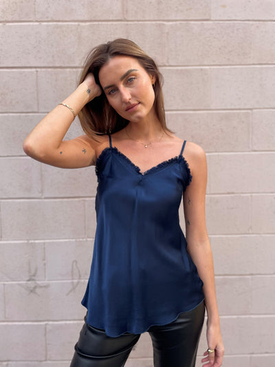 The Pink Door Fray Silky Cami - Navy