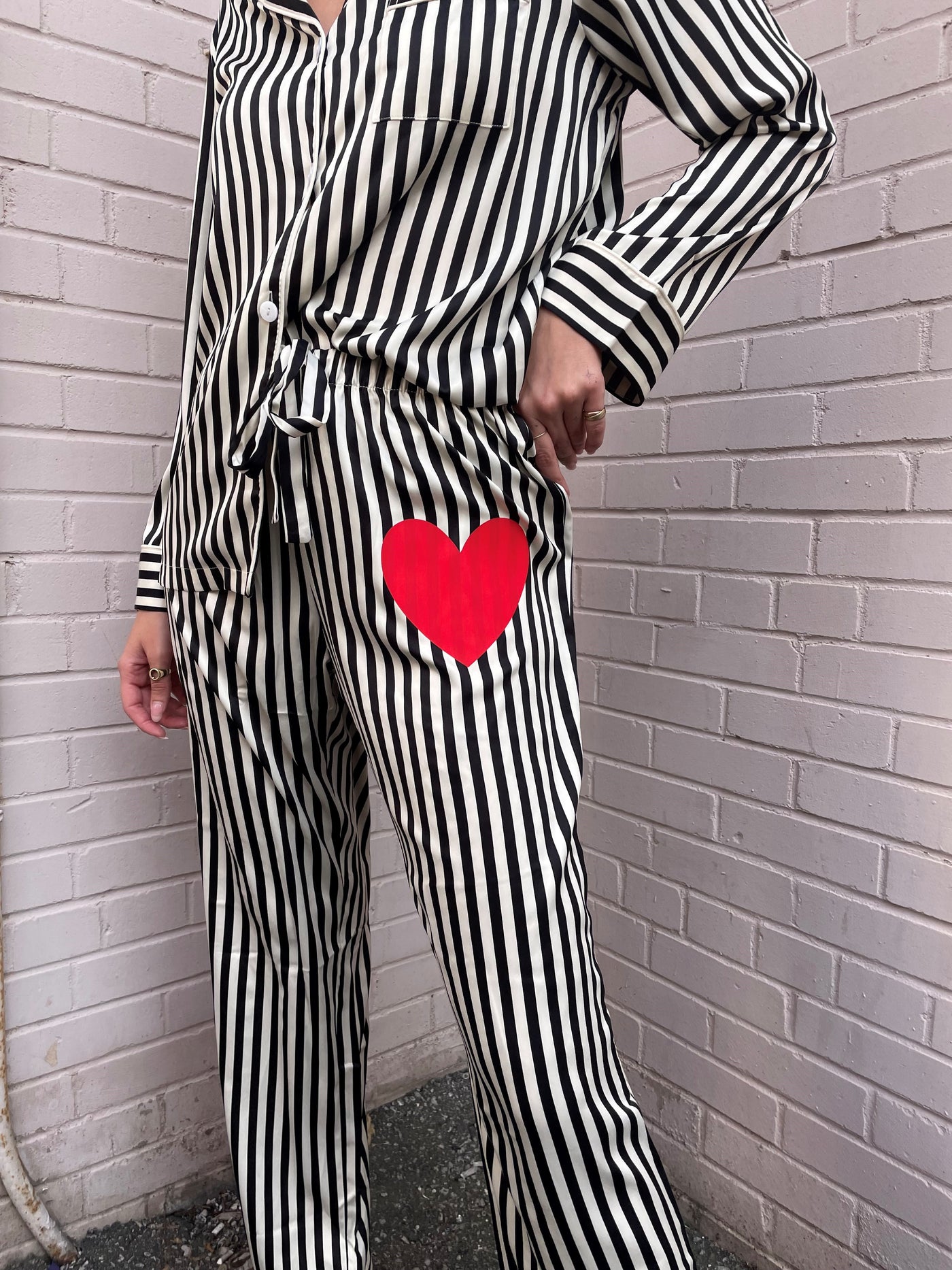 Hipchik Ivory & Black Stripe Silky PJ Set w/ Love Heart Patch