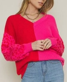 The Pink Door Sweater w/ Leopard Sleeves - Red/Pink
