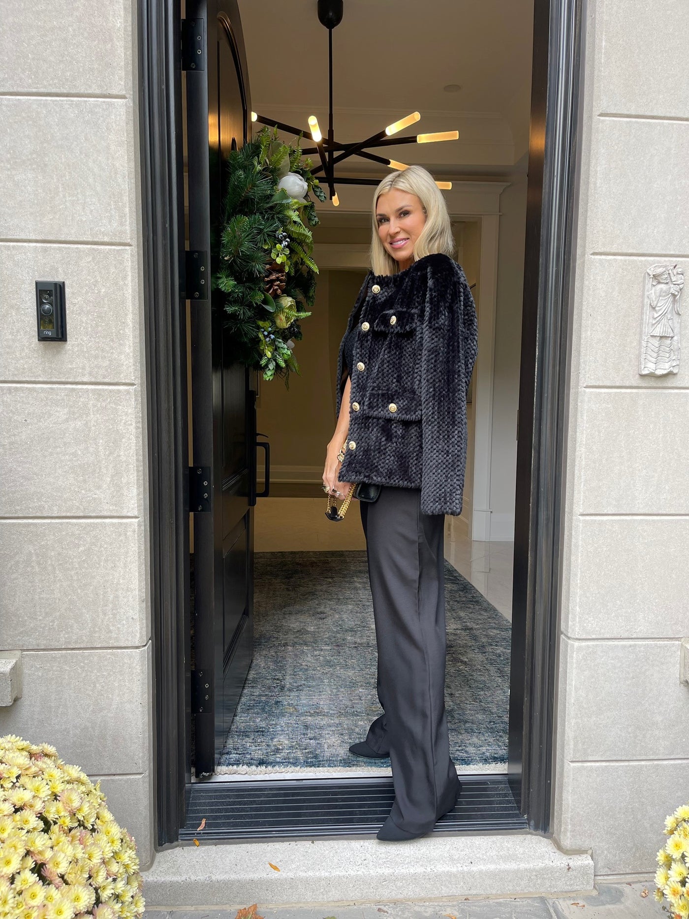 The Pink Door Chenille Gold Button Jacket - Black
