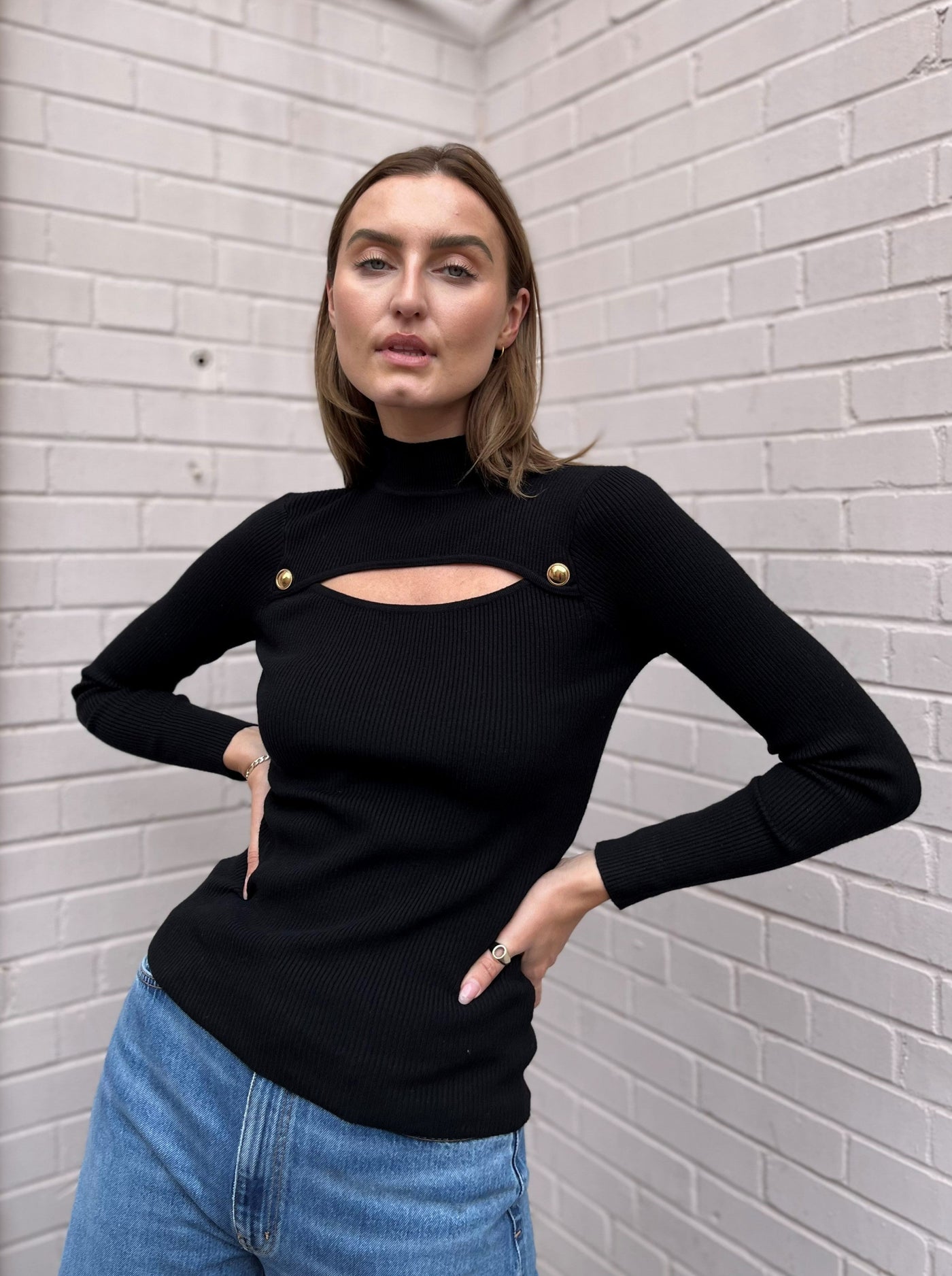 The Pink Door Black Cut Out Gold Button Detail Sweater