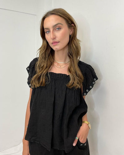 MINI Black Linen Top w/ Metal Sleeve Detail