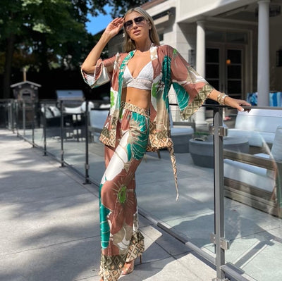 The Pink Door Brown & Green Print Kimono