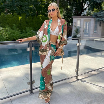 The Pink Door Brown & Green Print Kimono