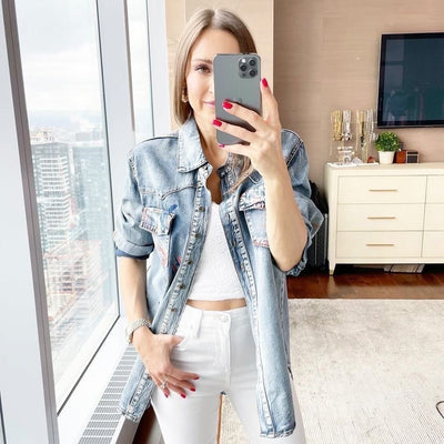 VEVERET Long Sleeve Pain Spattered Denim Top