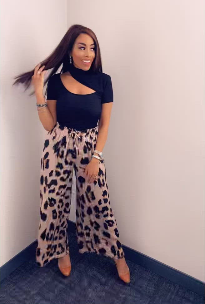 Venti Wide Leg Satin Leopard Print Pant