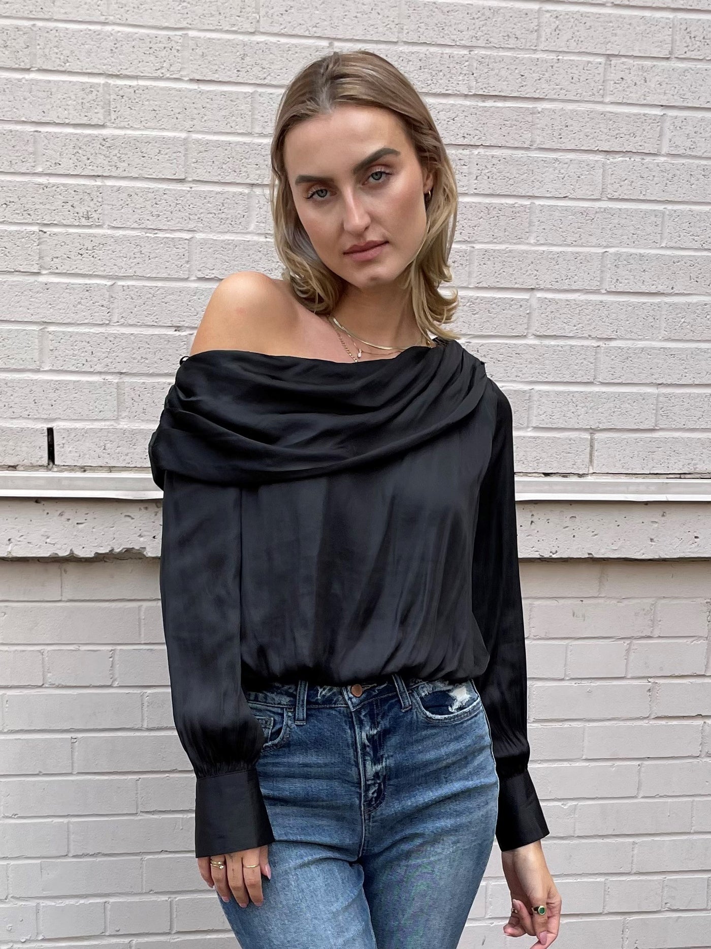 The Pink Door Black Silky L/S Off The Shoulder Top