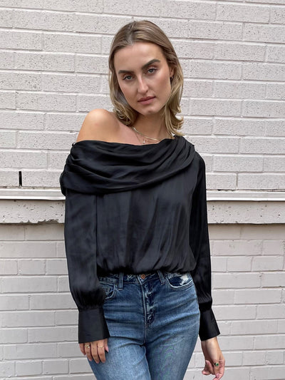 The Pink Door Black Silky L/S Off The Shoulder Top