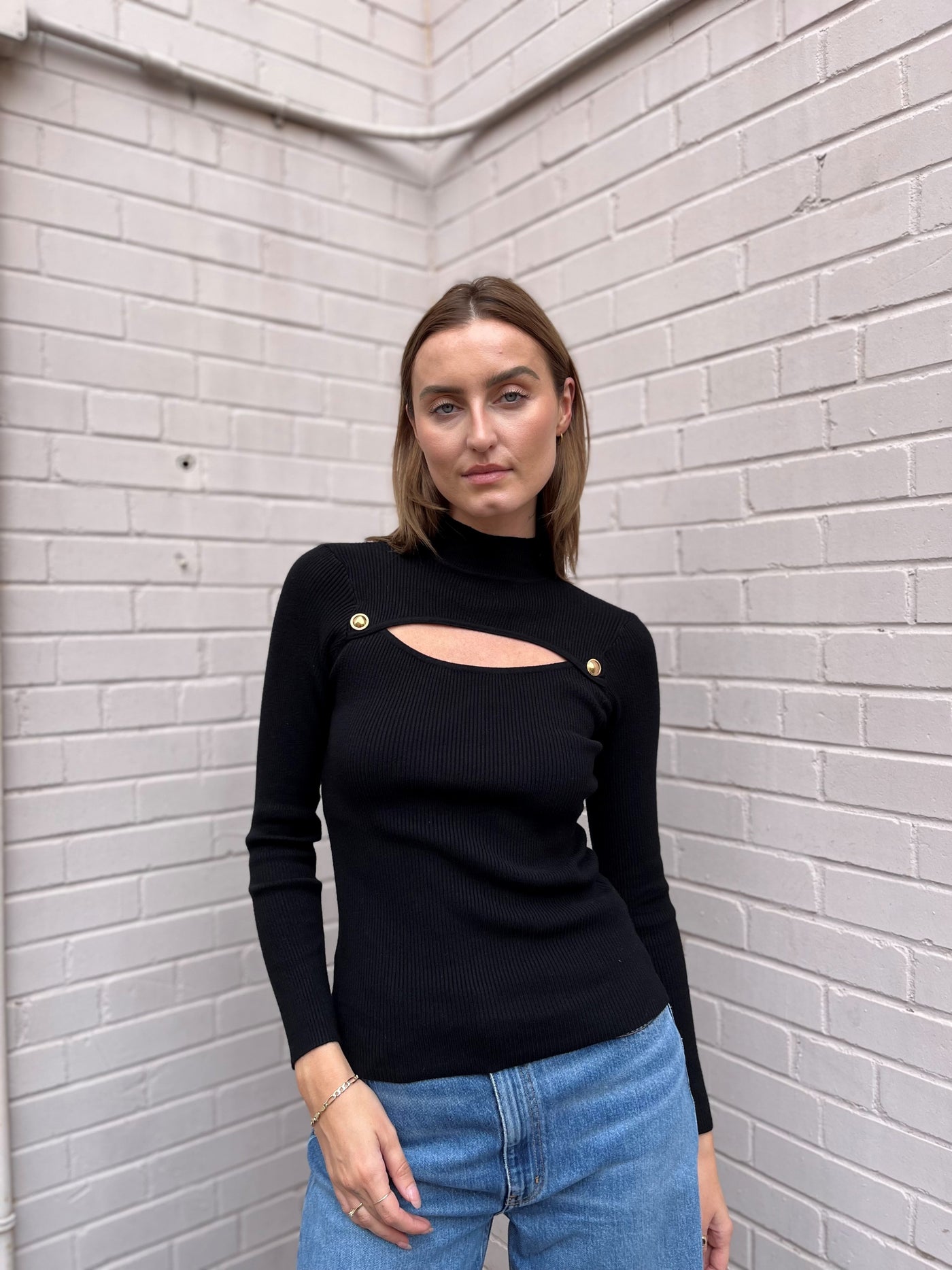 The Pink Door Black Cut Out Gold Button Detail Sweater