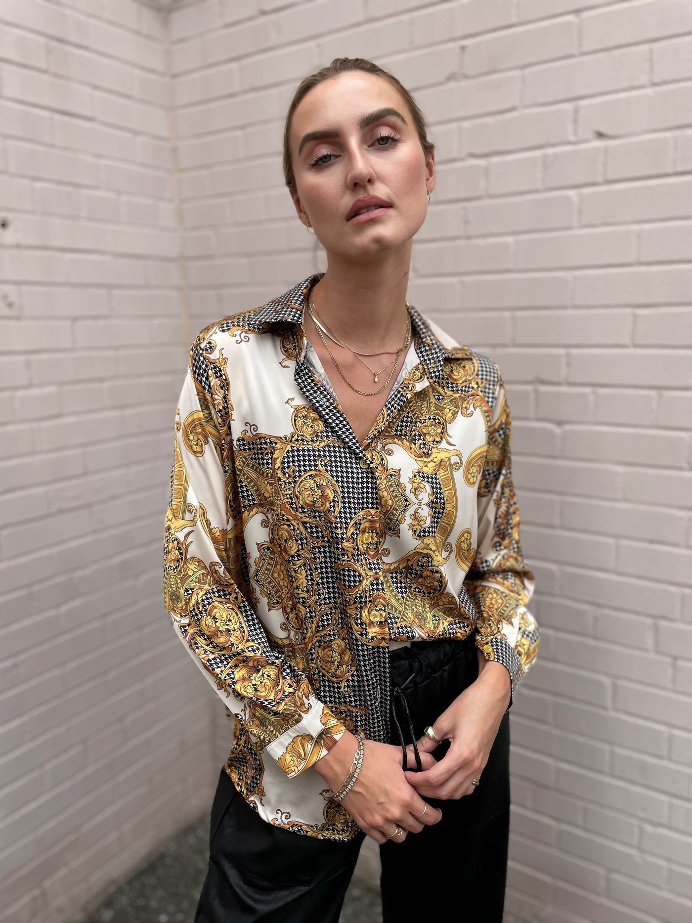The Pink Door Gold Print Silky Shirt