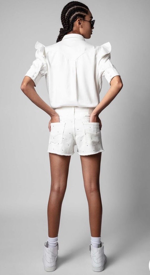 Zadig & Voltaire Toky Denim Top w Ruffle Shoulder -White
