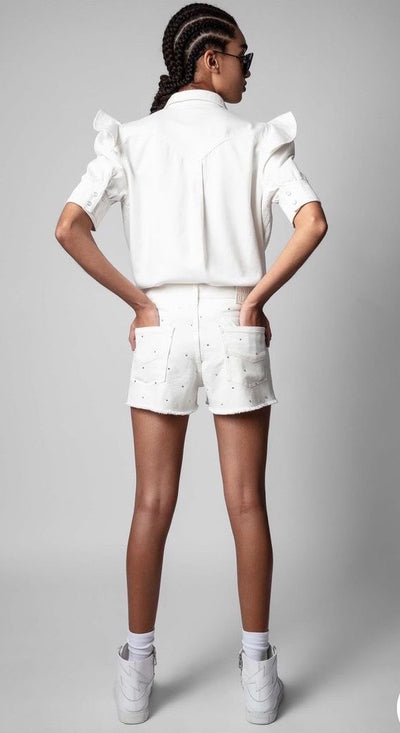 Zadig & Voltaire Toky Denim Top w Ruffle Shoulder -White