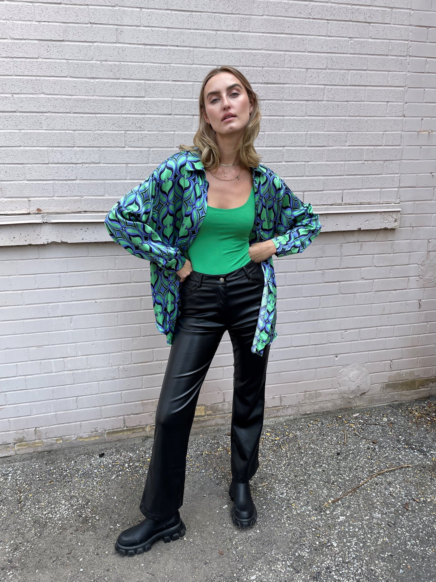 The Pink Door Green & Blue Print Silky Shirt