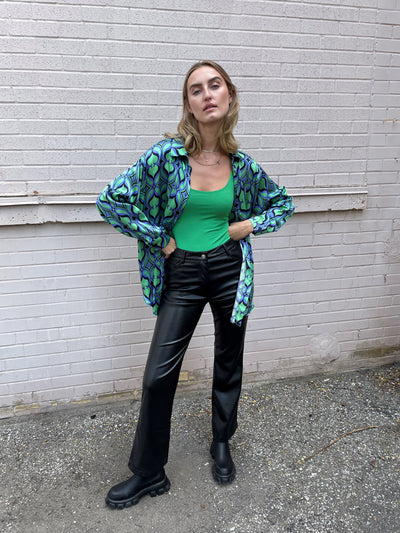 The Pink Door Green & Blue Print Silky Shirt