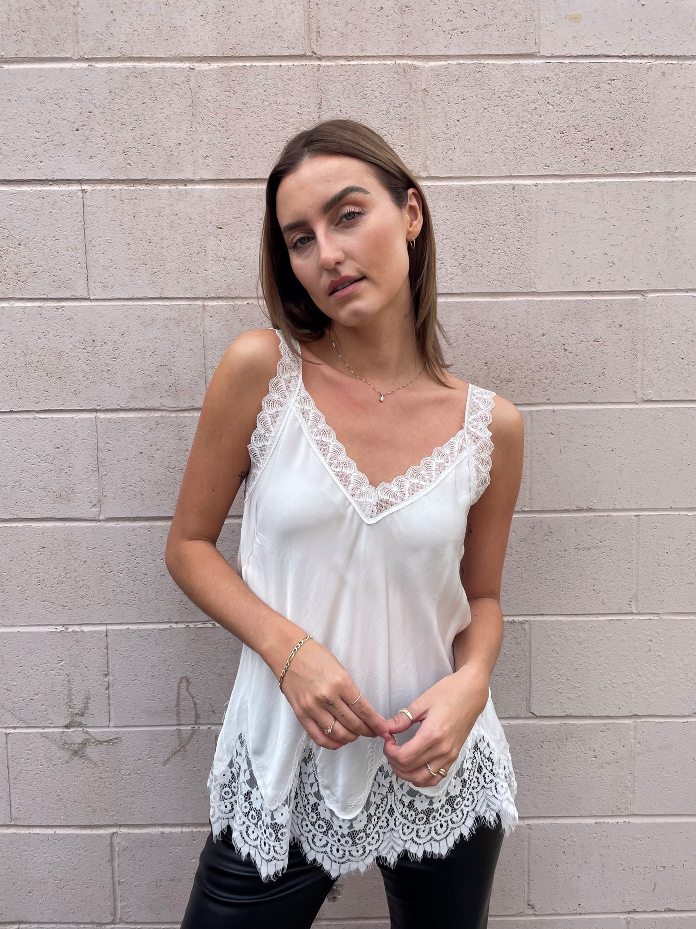 The Pink Door Lace Trim Cami - White